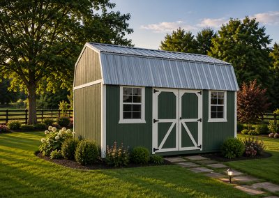 10x16 Lofted storage barn with double doors, windows, and silver metal roof