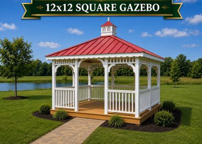 12x12 White Square Gazebo with Red roof & Cupola
