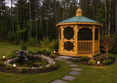 10x10 Stained octagon Gazebo by a garden
