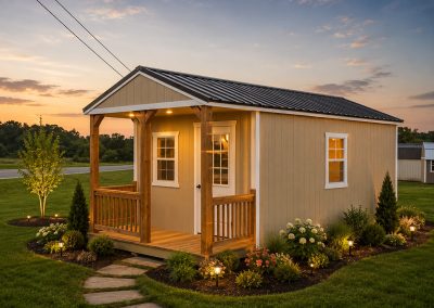 Tan portable cabin with electrical package and front porch