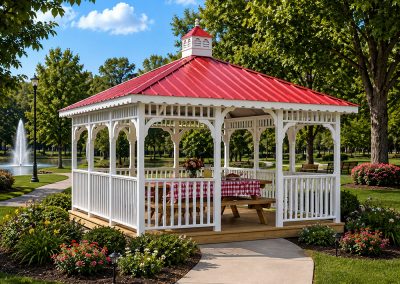 White and red 14x14 square Gazebo delivered to a neighborhood